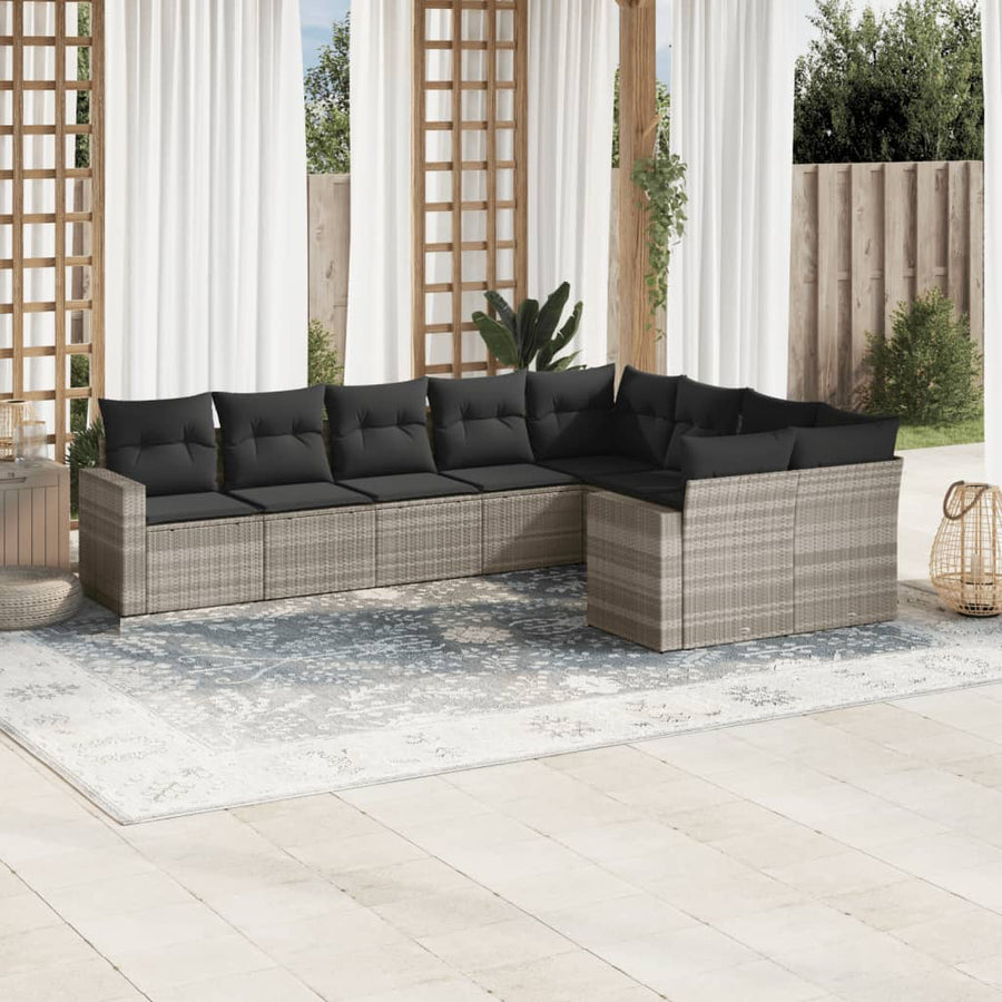 9-delige Loungeset met kussens poly rattan lichtgrijs