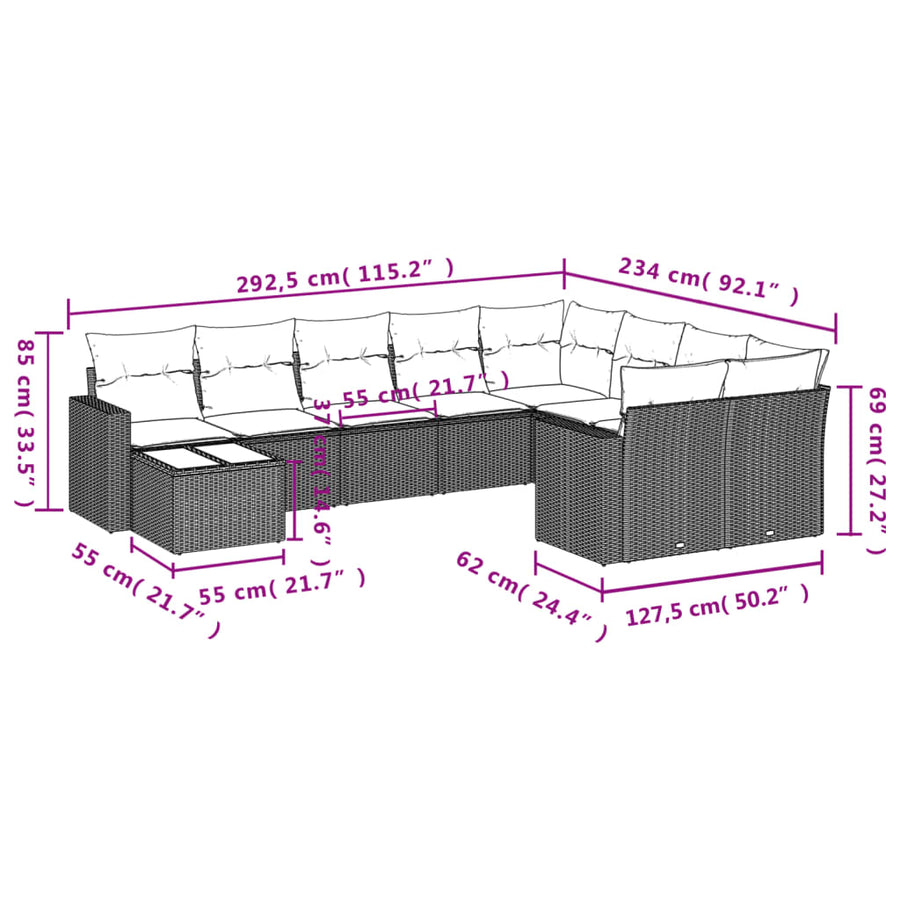 10-Delige Loungeset Met Kussens Poly Rattan Grijs