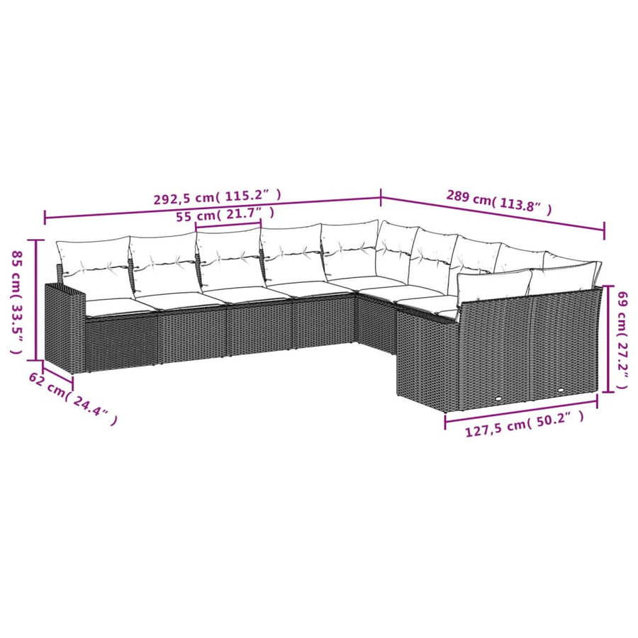 10-Delige Loungeset Met Kussens Poly Rattan Grijs