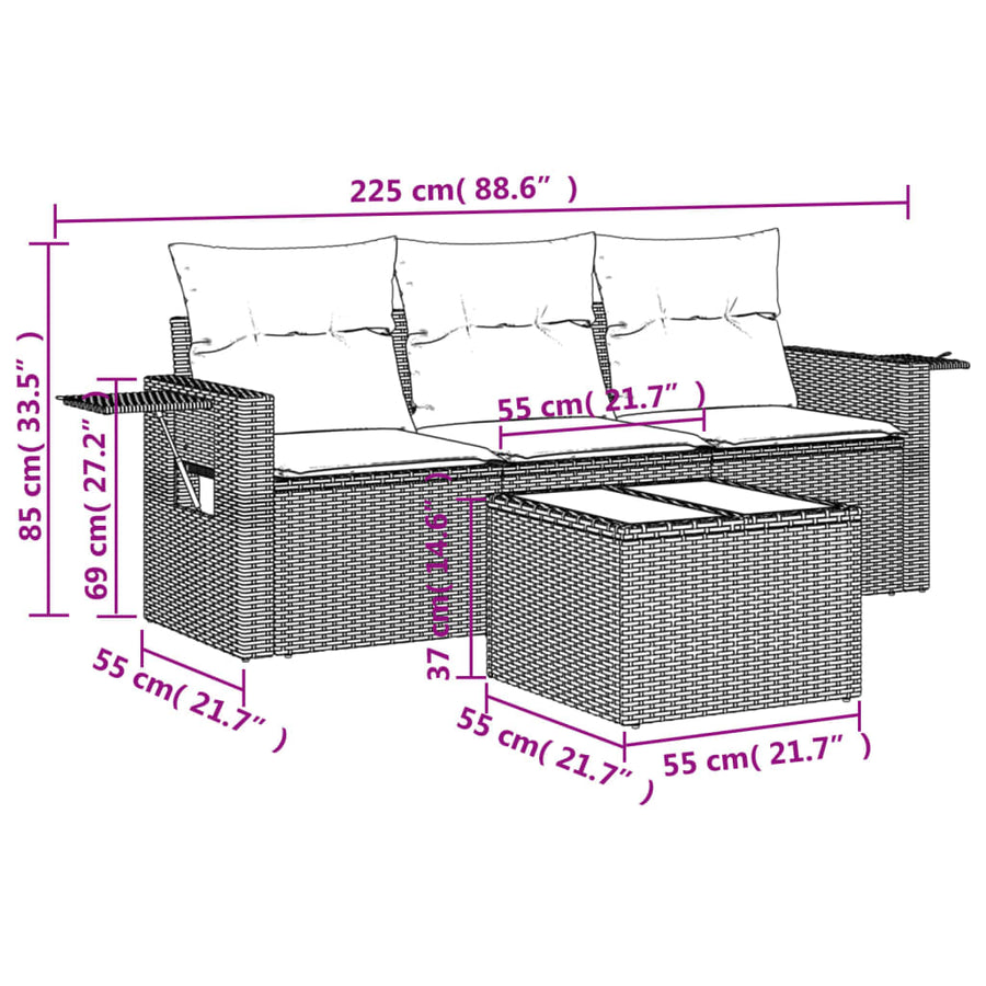 4-delige Loungeset met kussens poly rattan lichtgrijs