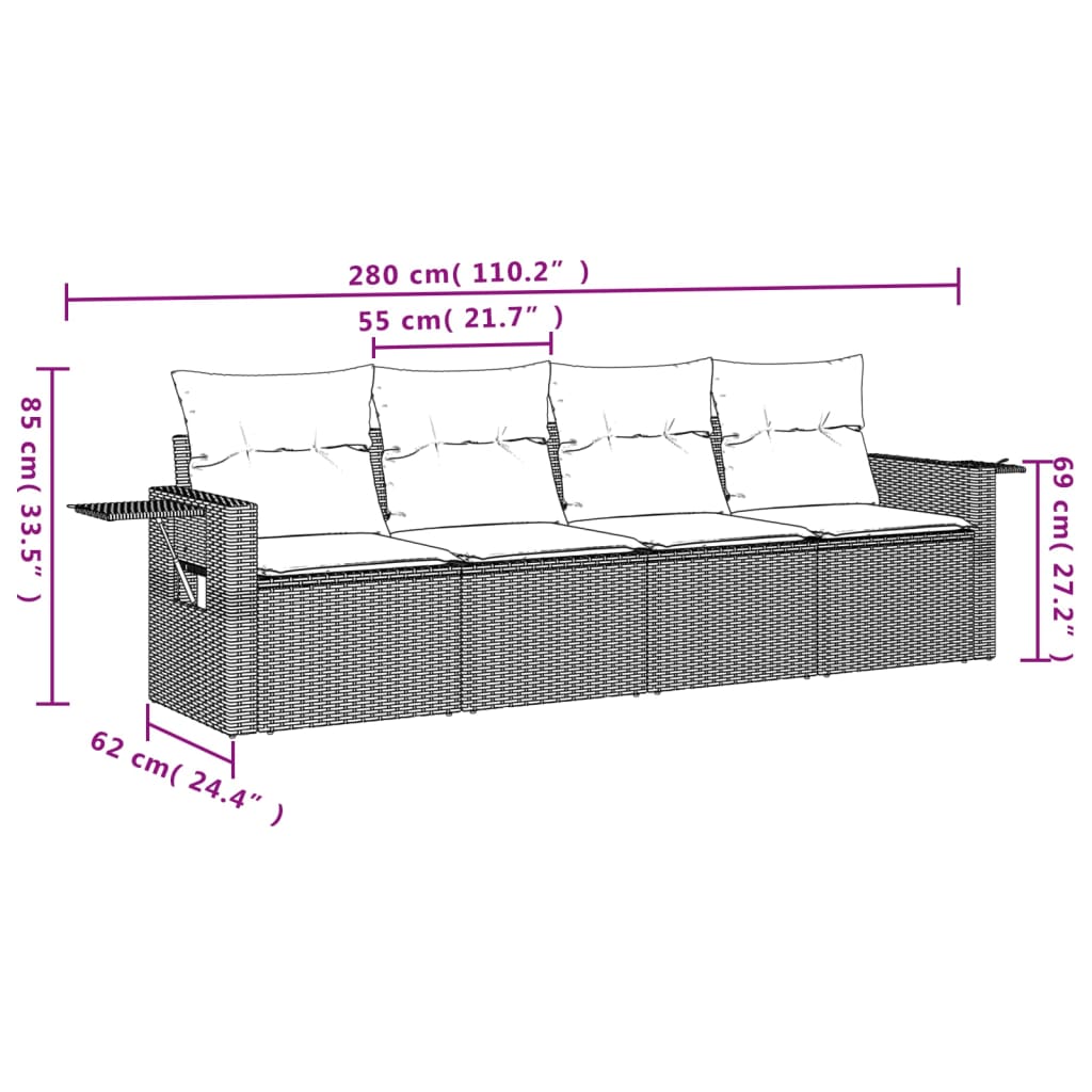4-delige Loungeset met kussens poly rattan lichtgrijs