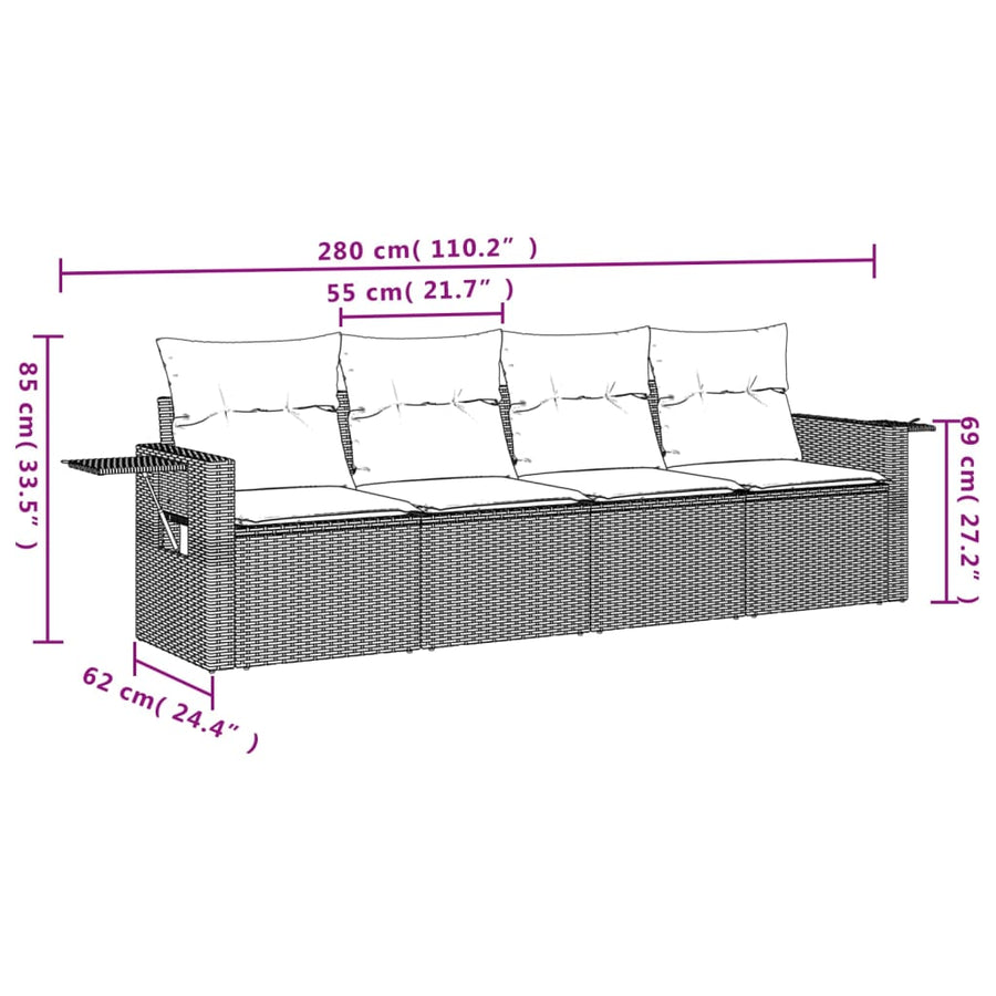 4-delige Loungeset met kussens poly rattan lichtgrijs