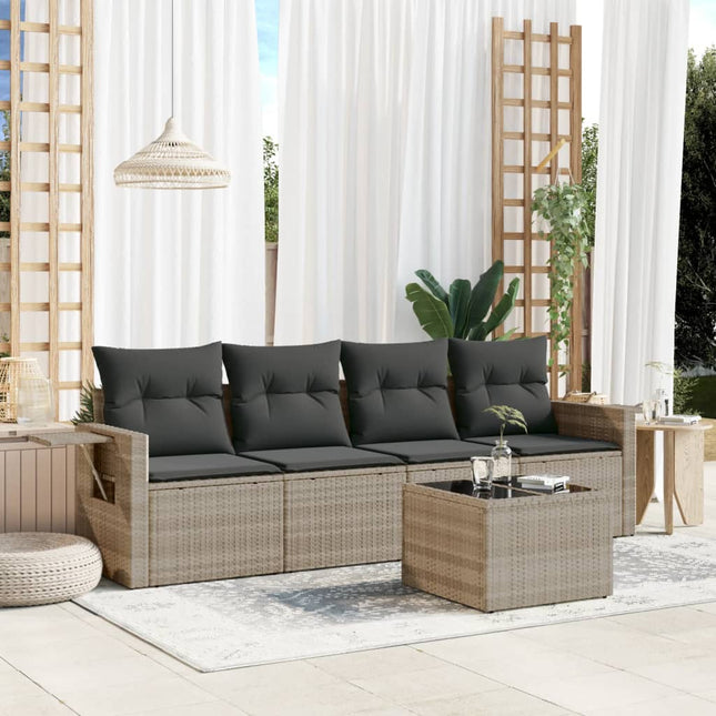 5-delige Loungeset met kussens poly rattan lichtgrijs