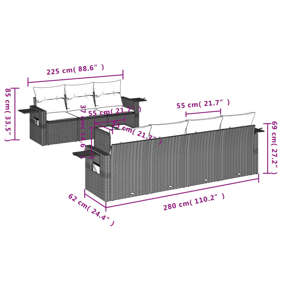 8-delige Loungeset met kussens poly rattan lichtgrijs