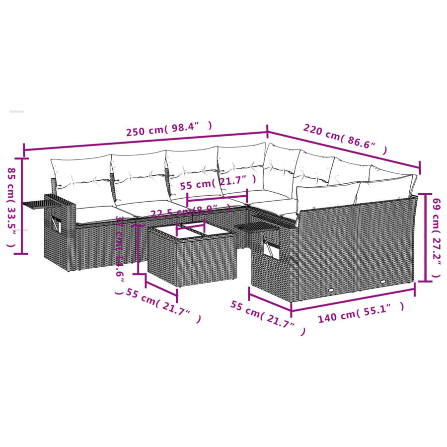 9-Delige Loungeset Met Kussens Poly Rattan Zwart