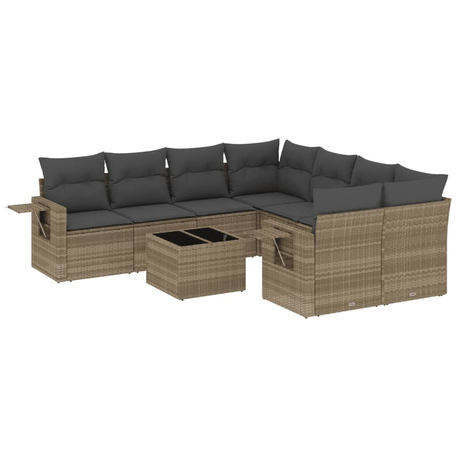 9-delige Loungeset met kussens poly rattan lichtgrijs