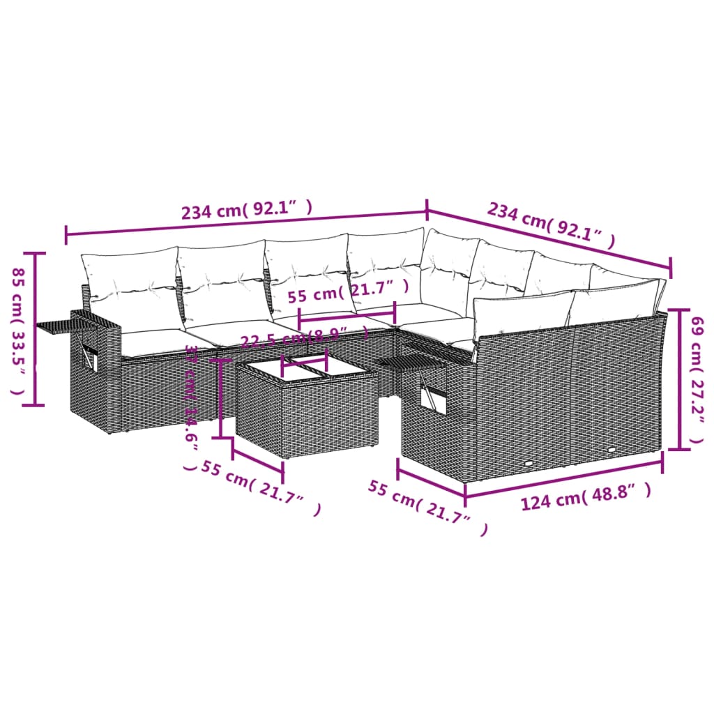 9-delige Loungeset met kussens poly rattan lichtgrijs