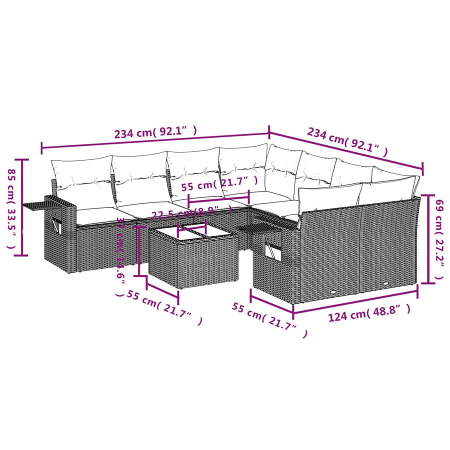9-delige Loungeset met kussens poly rattan lichtgrijs