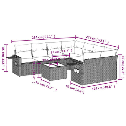 9-delige Loungeset met kussens poly rattan bruin