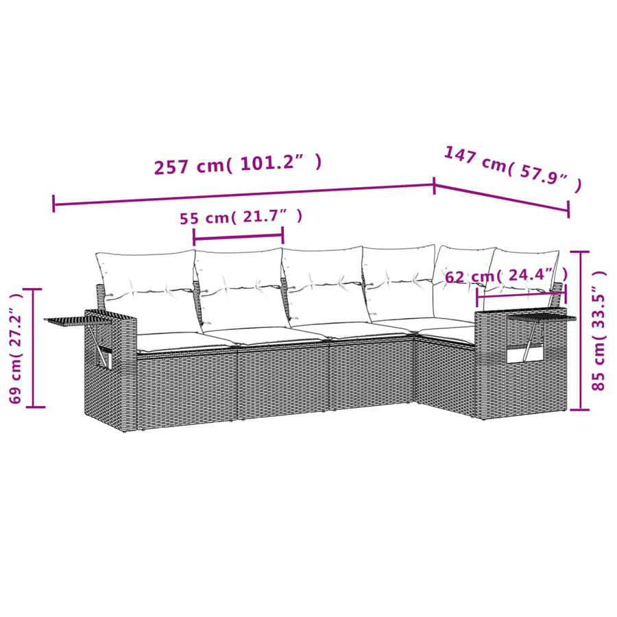 5-Delige Loungeset Met Kussens Poly Rattan Beige