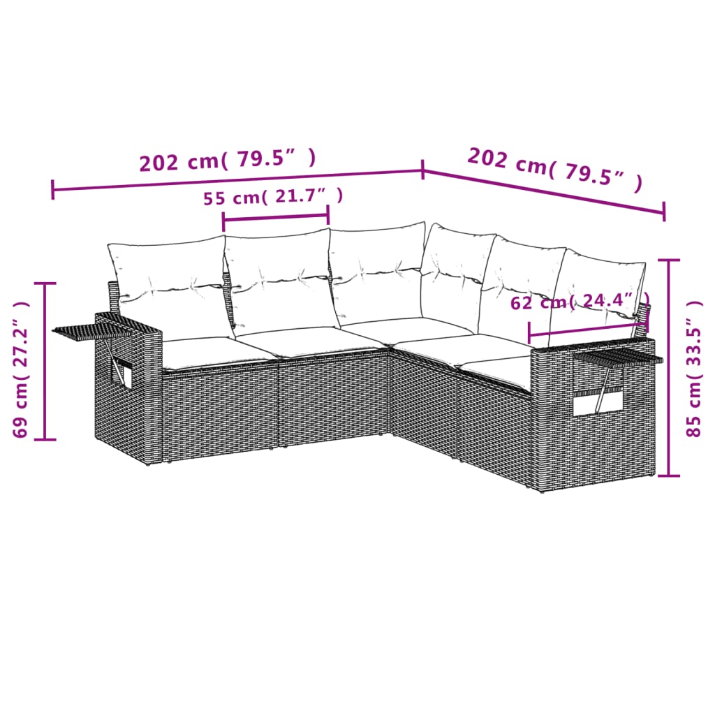 5-Delige Loungeset Met Kussens Poly Rattan Grijs