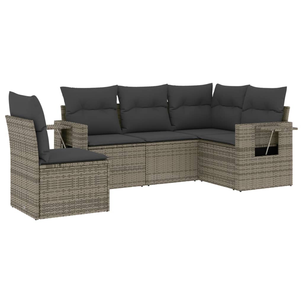 5-delige tuinbankset met kussens grijs poly rattan