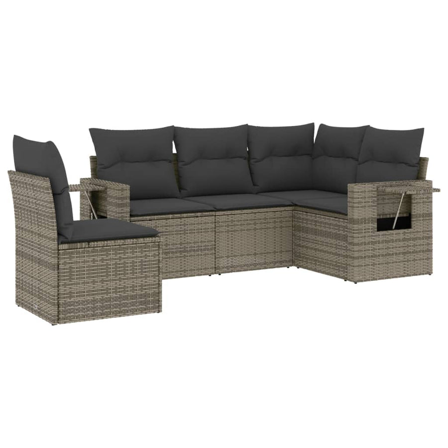 5-delige tuinbankset met kussens grijs poly rattan