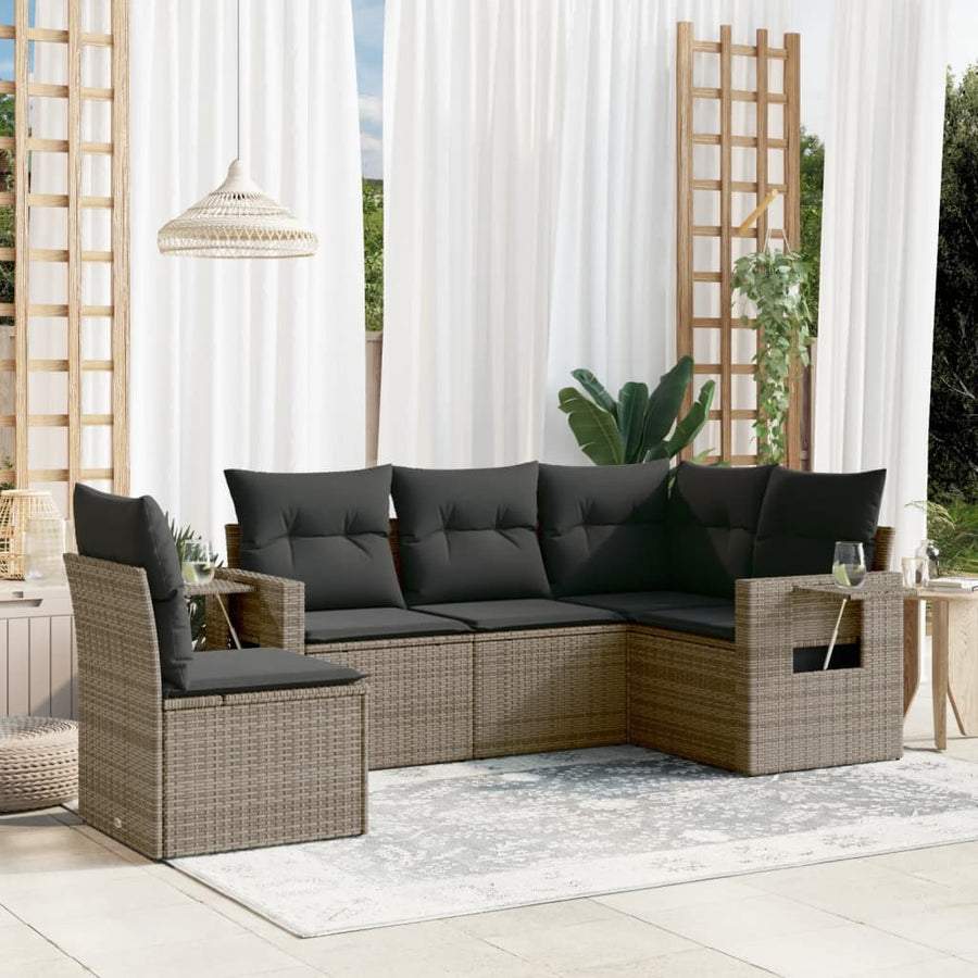 5-delige tuinbankset met kussens grijs poly rattan