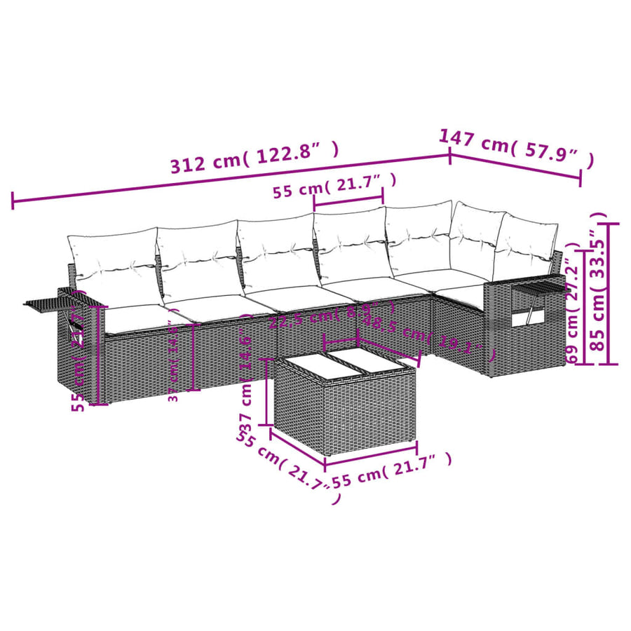 7-Delige Loungeset Met Kussens Poly Rattan Zwart