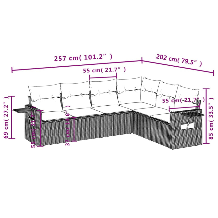 6-delige Loungeset met kussens poly rattan lichtgrijs