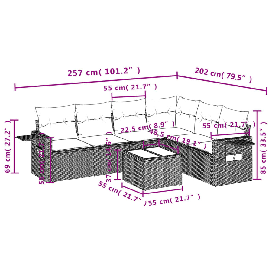 7-Delige Loungeset Met Kussens Poly Rattan Grijs