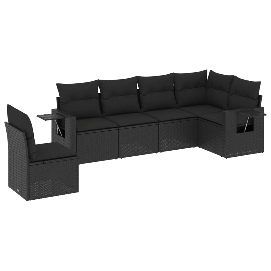 6-delige Loungeset met kussens poly rattan zwart 1 Zwart