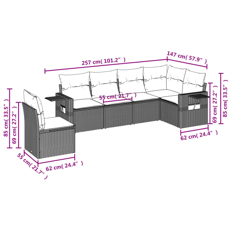 6-delige Loungeset met kussens poly rattan zwart 1 Zwart