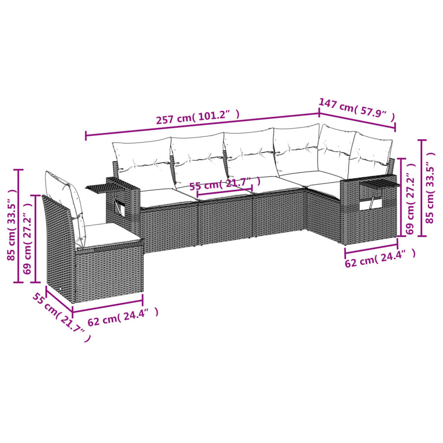 6-Delige Loungeset Met Kussens Poly Rattan Grijs