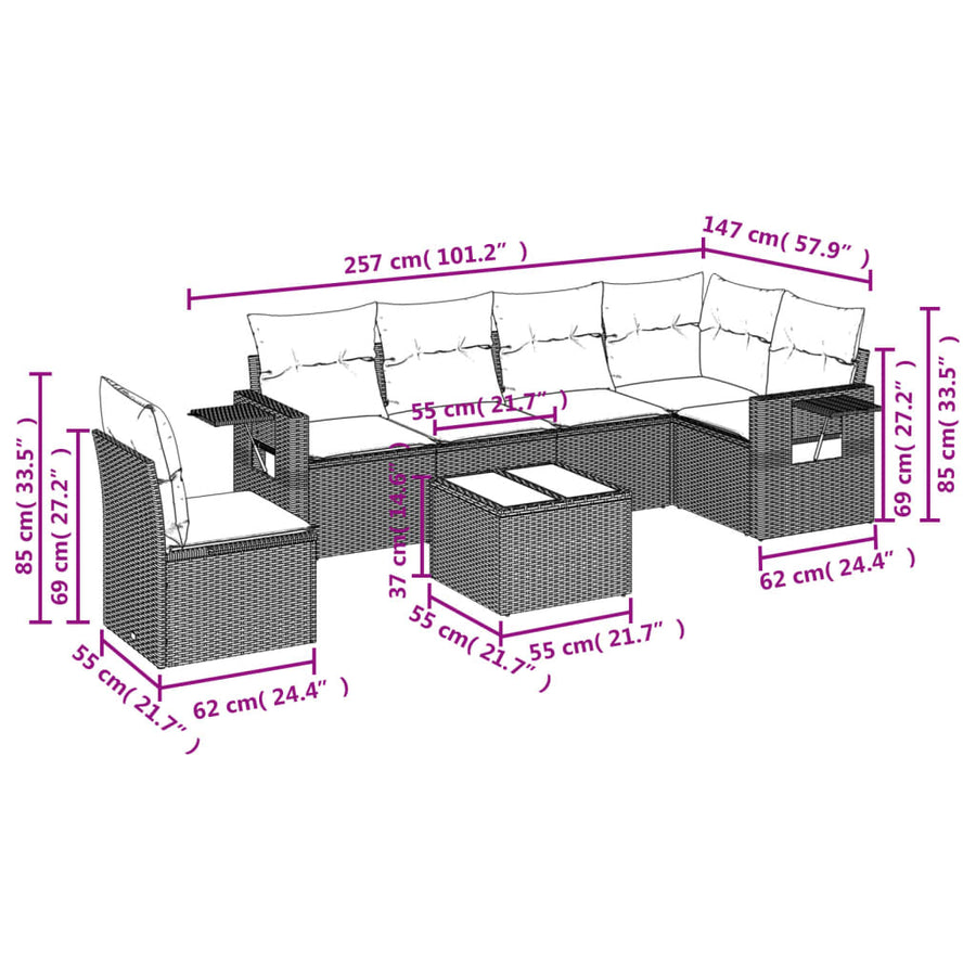 7-Delige Loungeset Met Kussens Poly Rattan Grijs