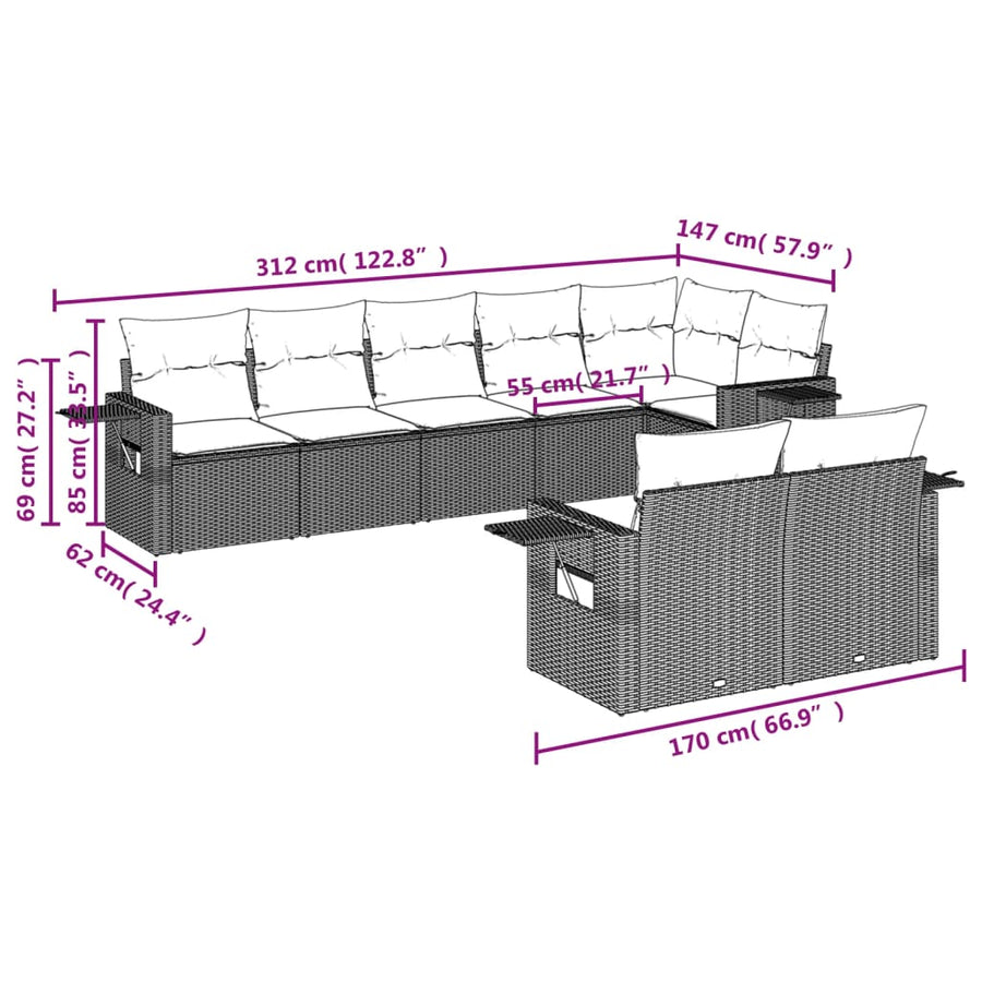 8-Delige Loungeset Met Kussens Poly Rattan Beige