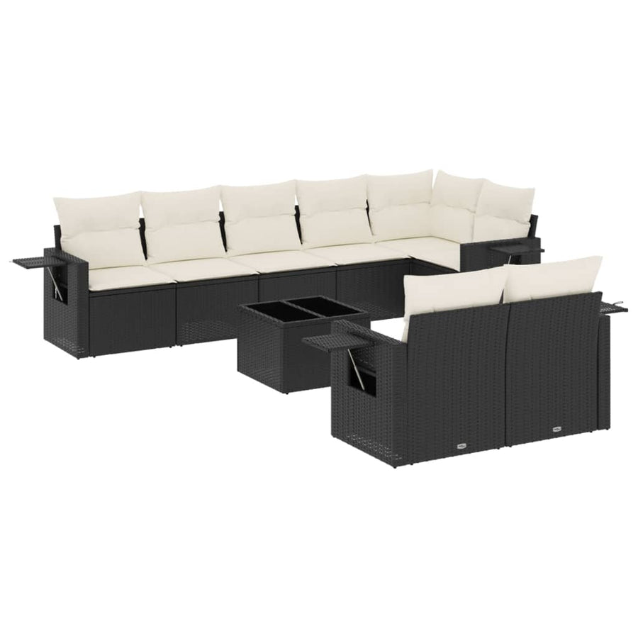 9-delige Loungeset met kussens poly rattan zwart 1 Zwart en crème