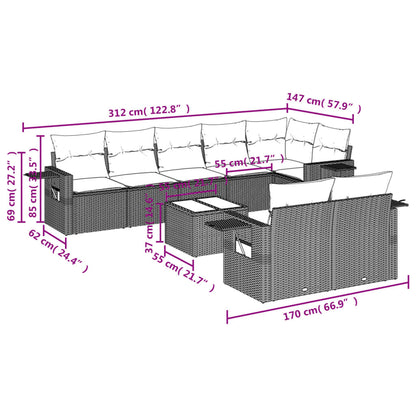9-Delige Loungeset Met Kussens Poly Rattan Grijs