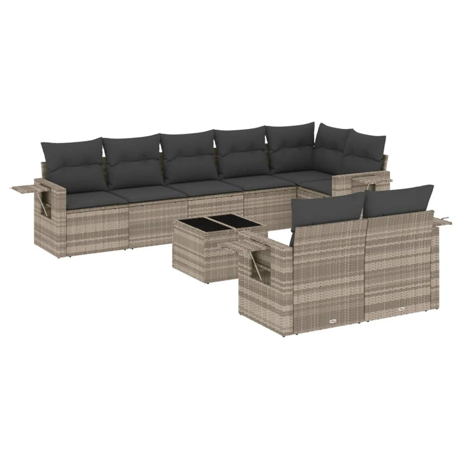 9-delige Loungeset met kussens poly rattan lichtgrijs