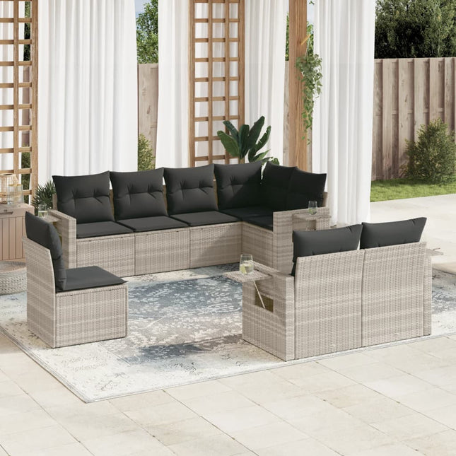 8-delige Loungeset met kussens poly rattan lichtgrijs