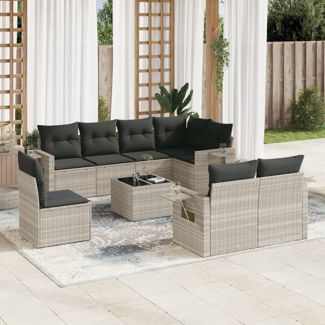 9-delige Loungeset met kussens poly rattan lichtgrijs