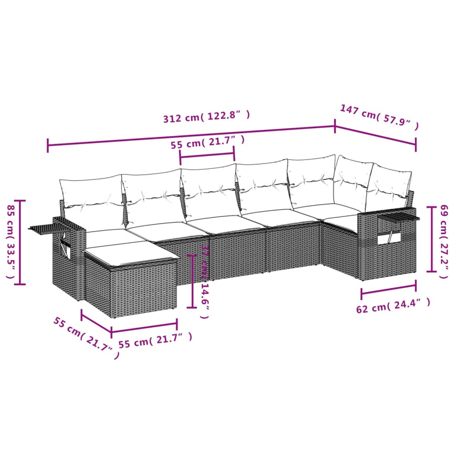 7-Delige Loungeset Met Kussens Poly Rattan Beige