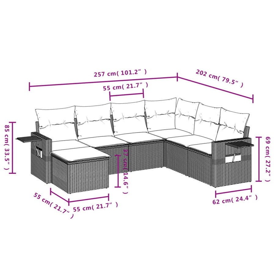 7-delige Loungeset met kussens poly rattan lichtgrijs