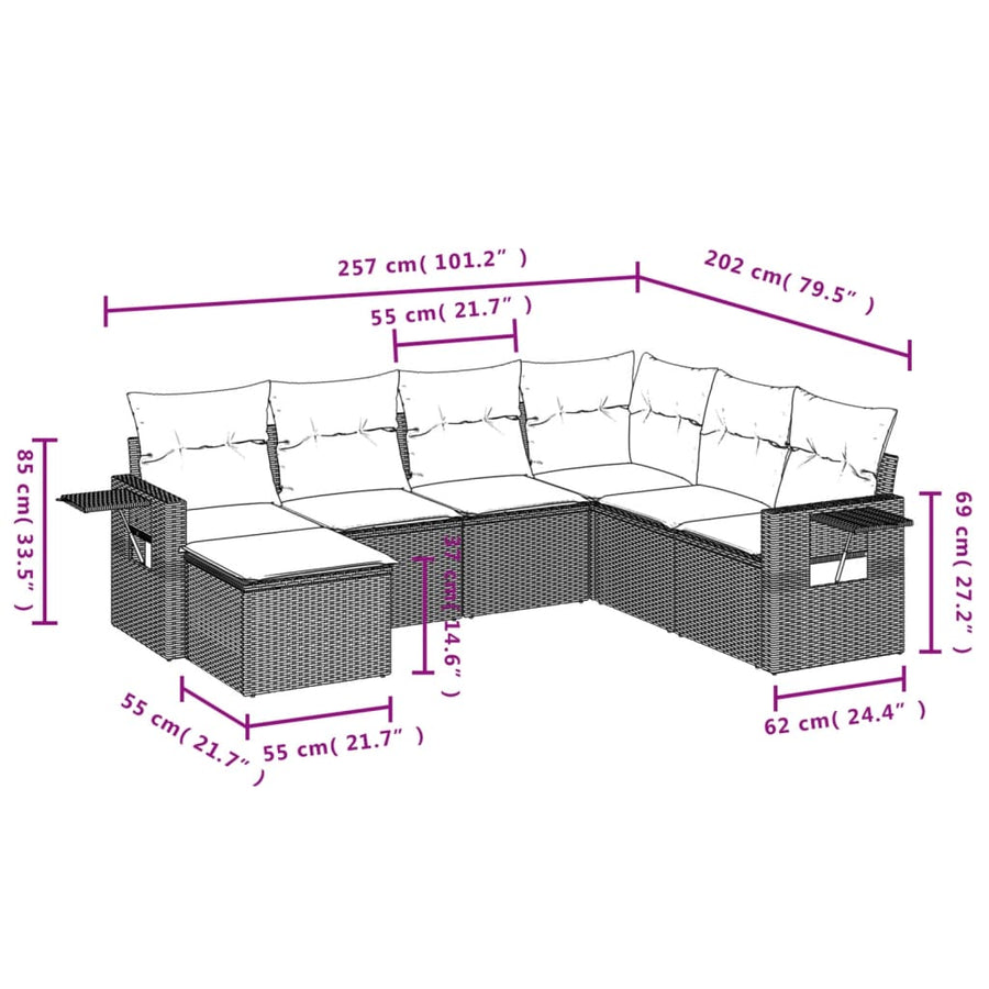 7-delige Loungeset met kussens poly rattan bruin