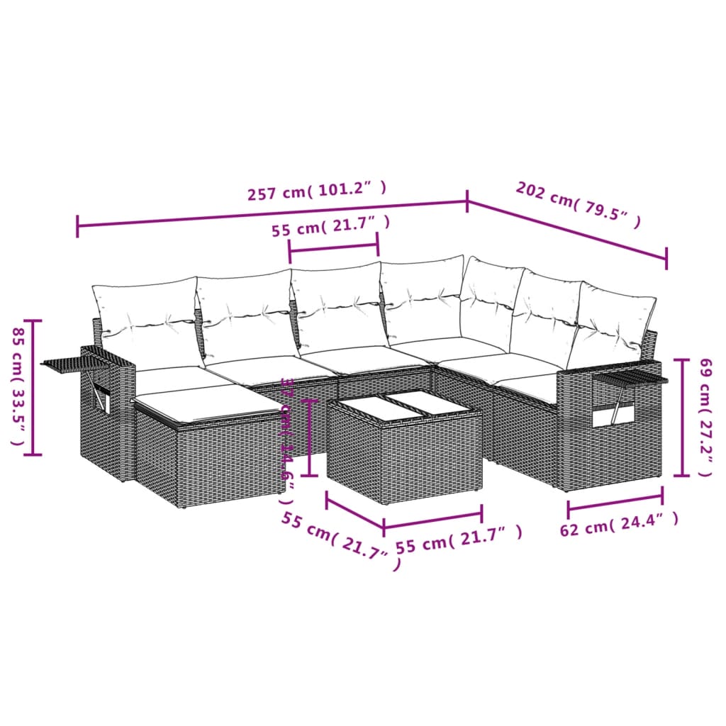 8-delige Loungeset met kussens poly rattan lichtgrijs