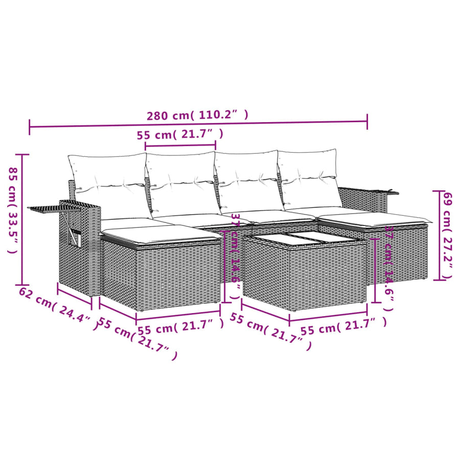 7-Delige Loungeset Met Kussens Poly Rattan Beige