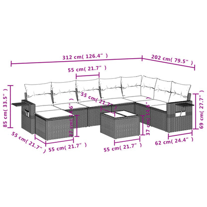 9-delige Loungeset met kussens poly rattan lichtgrijs