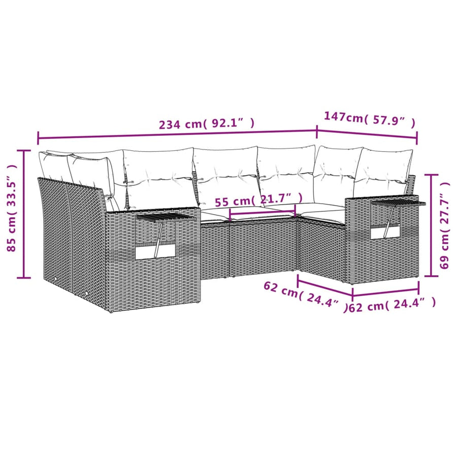 6-delige Loungeset met kussens poly rattan lichtgrijs