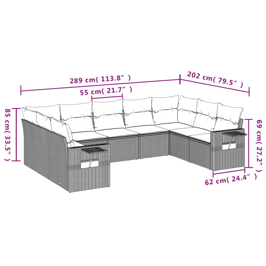 9-delige Loungeset met kussens poly rattan lichtgrijs
