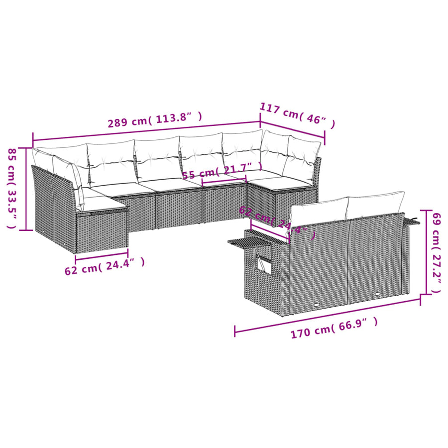 9-Delige Loungeset Met Kussens Poly Rattan Grijs