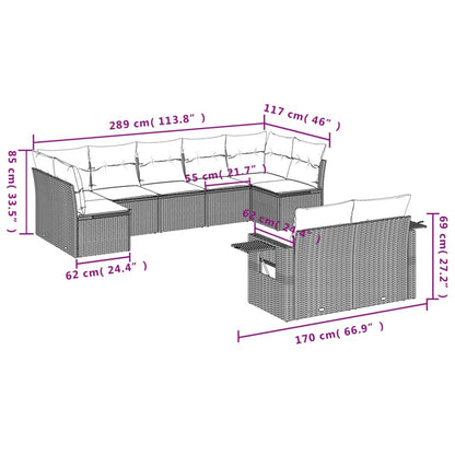 9-delige Loungeset met kussens poly rattan lichtgrijs