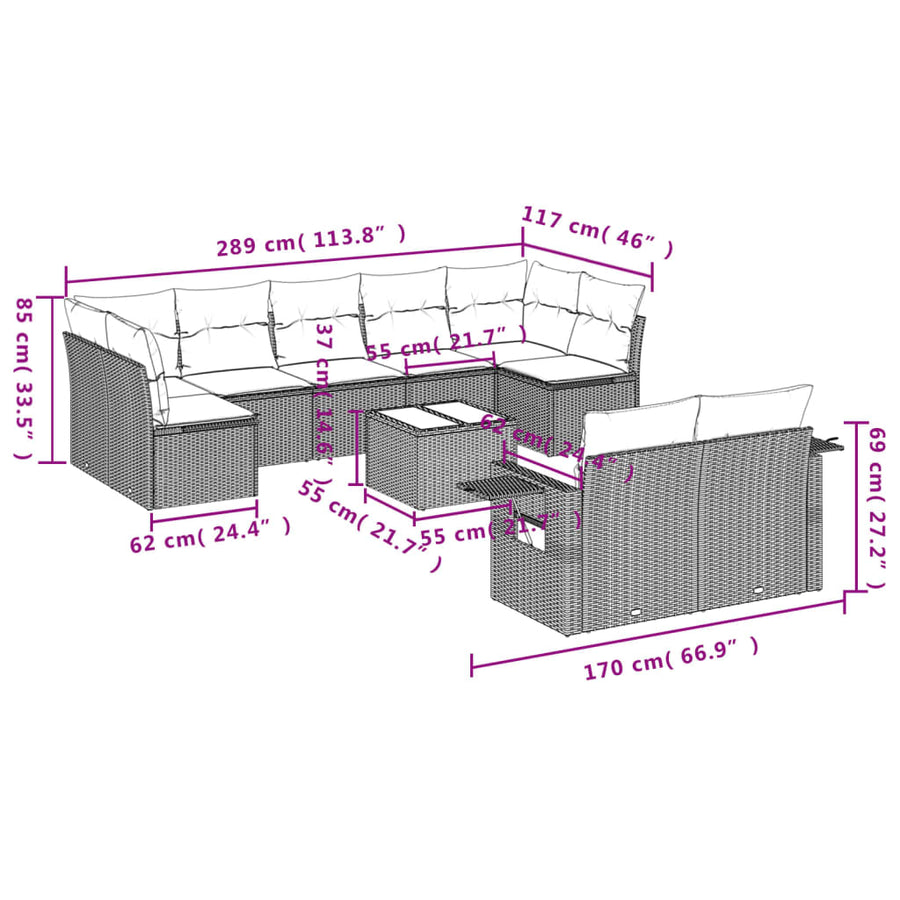 10-Delige Loungeset Met Kussens Poly Rattan Grijs