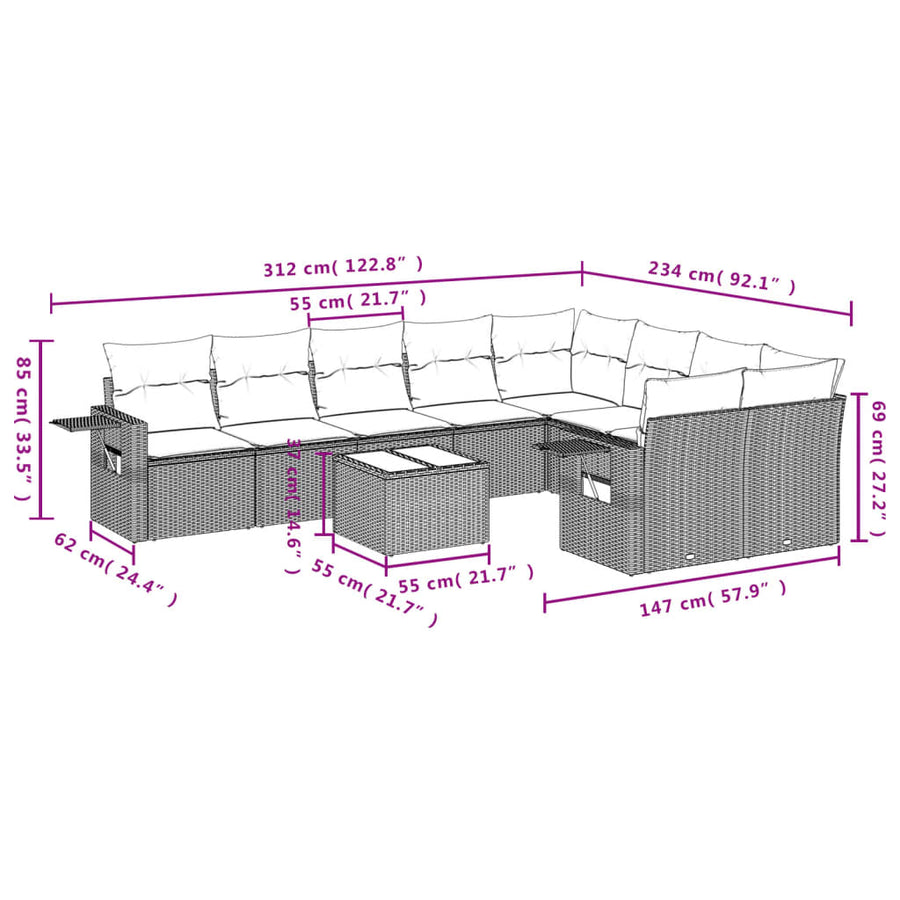 10-Delige Loungeset Met Kussens Poly Rattan Beige