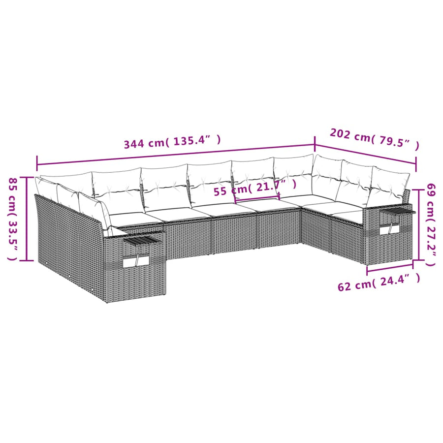 10-Delige Loungeset Met Kussens Poly Rattan Bruin