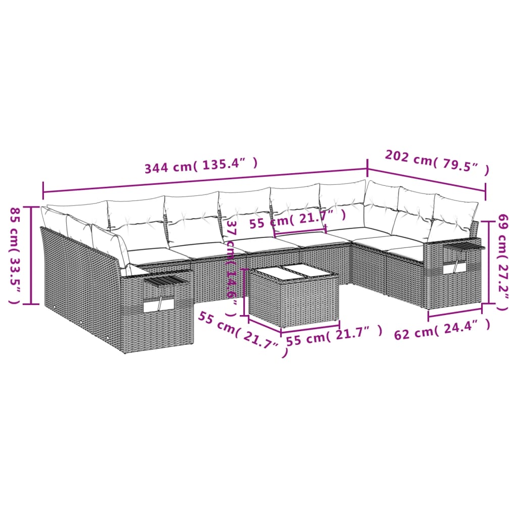 11-delige Loungeset met kussens poly rattan lichtgrijs