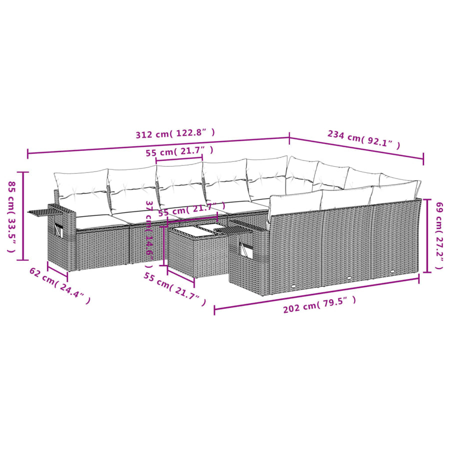 11-Delige Tuinset Met Kussens Poly Rattan Beige