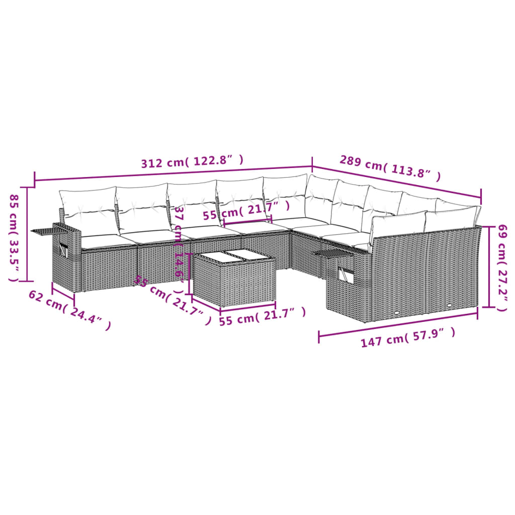 11-delige Loungeset met kussens poly rattan lichtgrijs