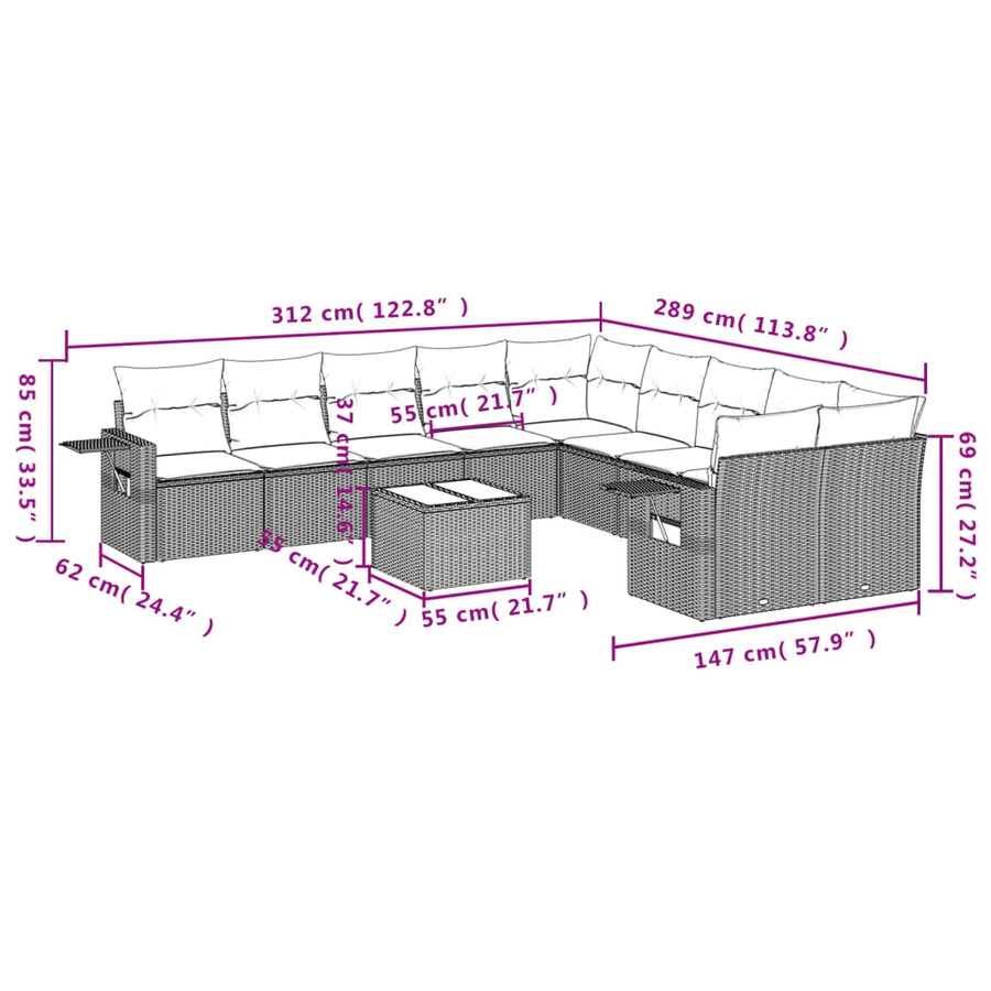 11-delige Loungeset met kussens poly rattan lichtgrijs