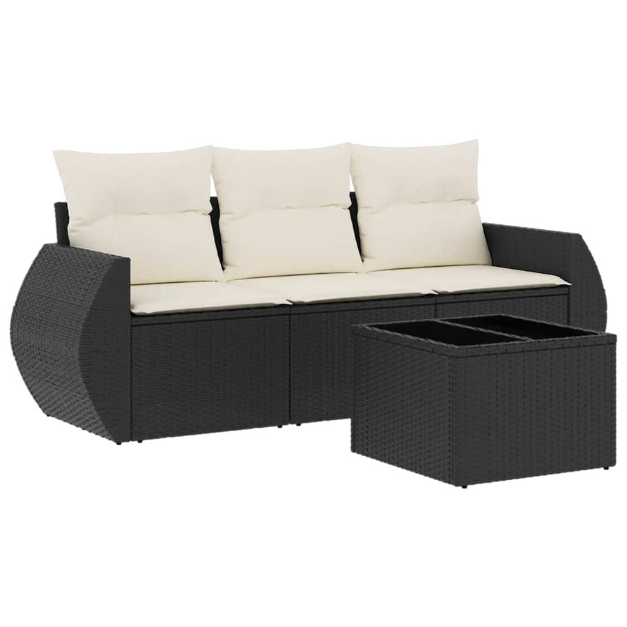 4-delige Loungeset met kussens poly rattan zwart 1 Zwart en crème