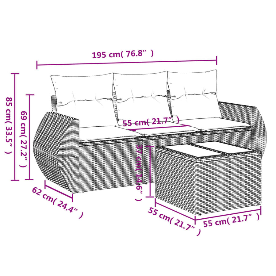 4-delige Loungeset met kussens poly rattan zwart 1 Zwart en crème